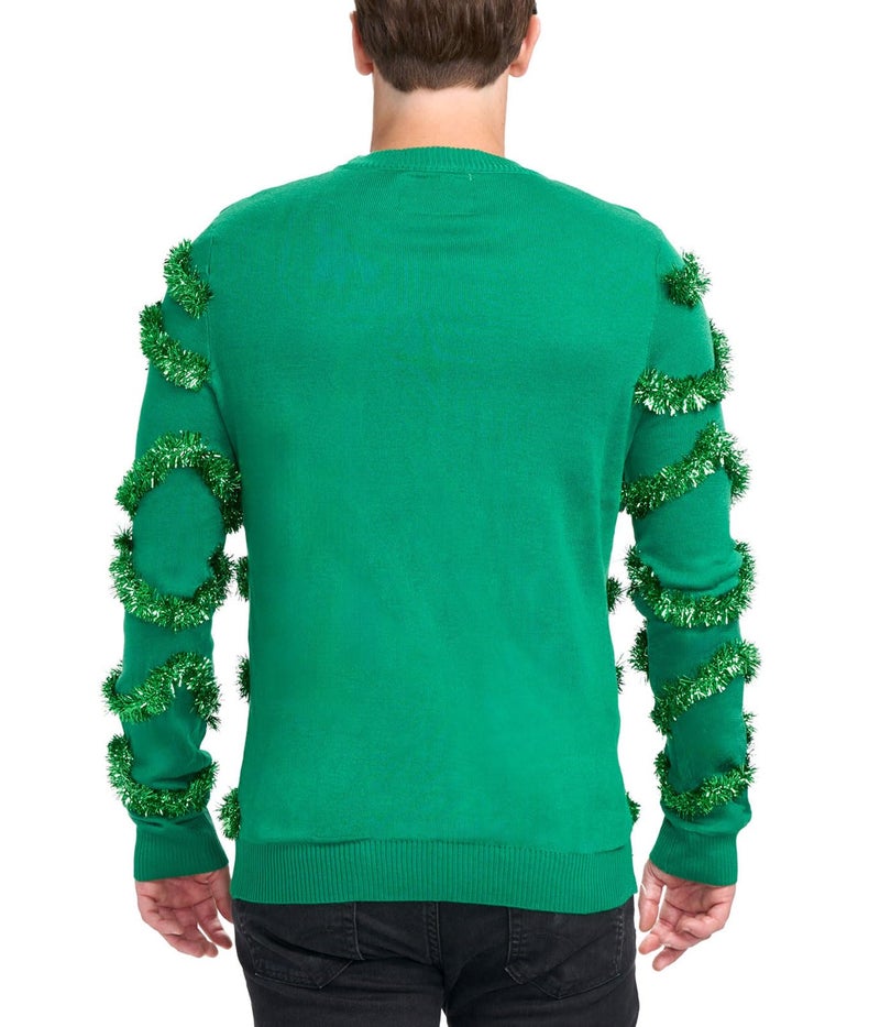 Tipsy Elves Men's Ugly Christmas Sweaters - Funny and Tacky Embellished Christmas Sweaters for Men - Green Gaudy Garland Christmas Sweater with Tinsel and Ornaments Size X-Large - Image 2